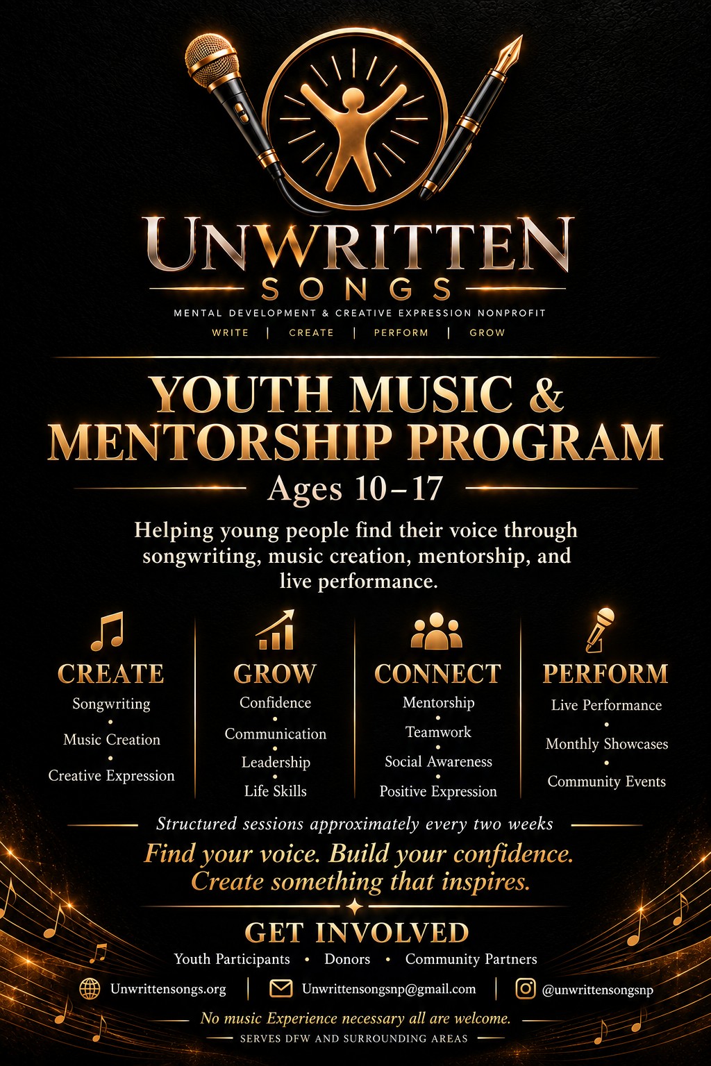 Unwritten Songs youth music and mentorship program flyer for ages 10–17. Create, grow, connect, perform. Full program and contact details are provided in the text on this page.